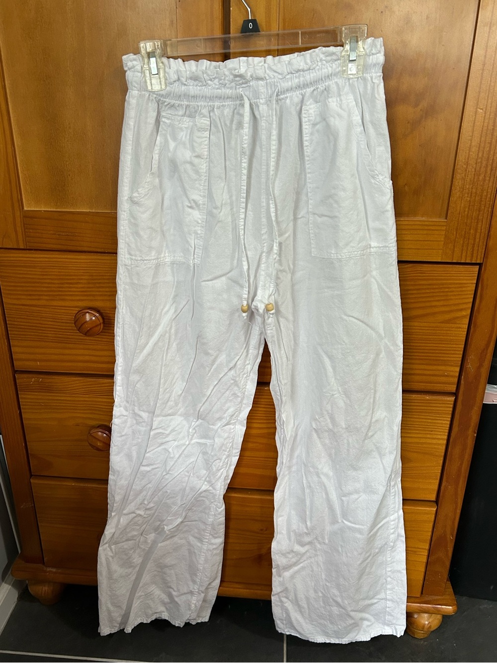 White Linen-Blend Beachy Drawstring Pants